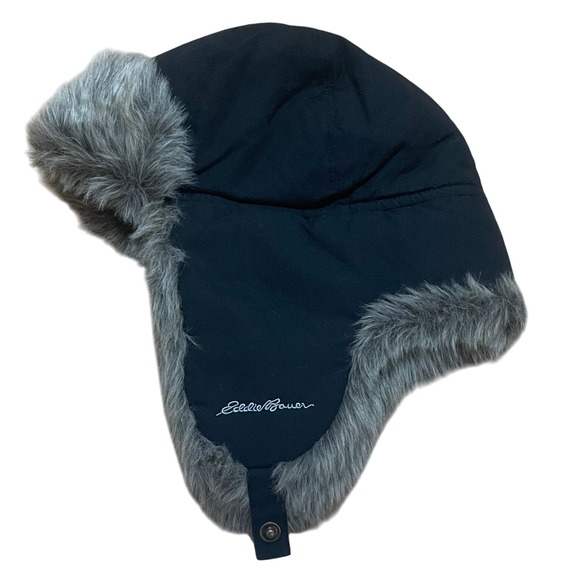 Eddie Bauer Trapper Hat L/XL Black Faux Fur Aviator Winter Hat Warm - Picture 1 of 7